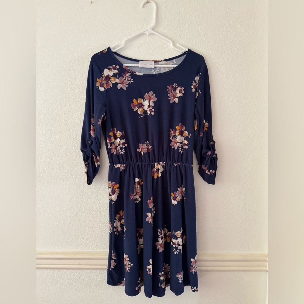 French Grey Murphy Brushed Knit Navy Floral 3/4-length Sleeve Dress